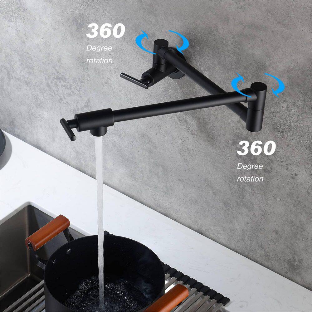 FLG Wall Mounted Pot Filler Double Handle Kitchen Faucet Modern Countertop Retractable 1 Hole Commercial Tap in Matte Black DD-0004-MB