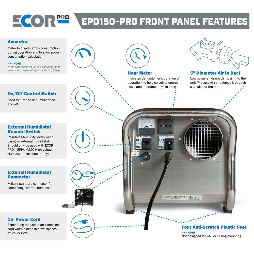 Ecor Pro 150 Pint Portable Commercial Stainless Steel Desiccant Dehumidifier for Basement CrawlSpace Whole House and Warehouses EPD150-PRO