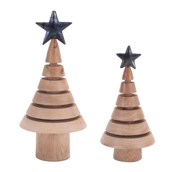 Natural Wood Tree with Metal Star (Set of 2)