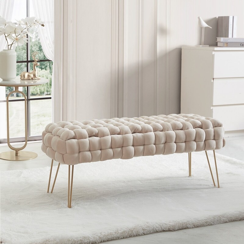 Mirage Modern Contemporary Woven Upholstered Velvet Long Bench Ottoman with Gold Metal Legs