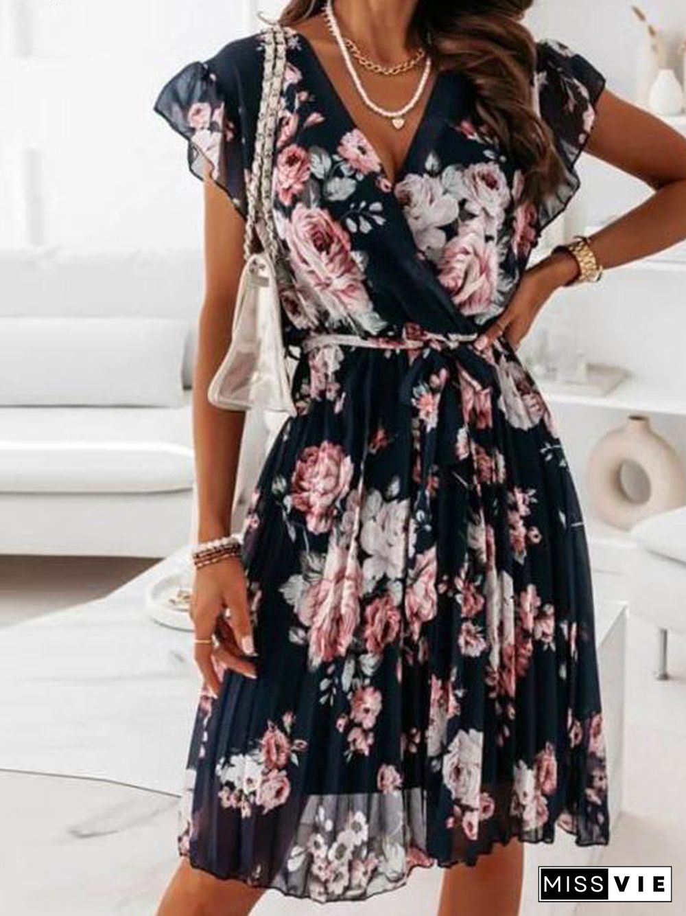 V Neck Ruffle Sleeve Pleated Floral Dress