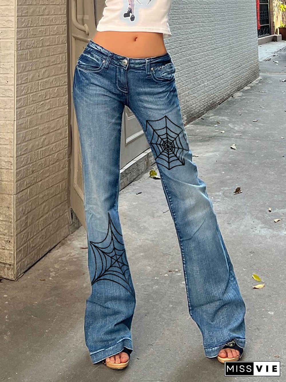 Low Waist Spider Web Print Slight Flared Slim Jeans