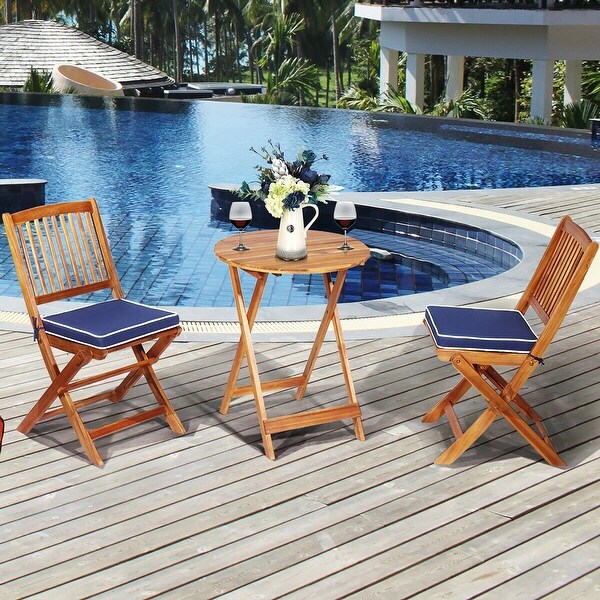 Costway 3PCS Patio Folding Wooden Bistro Set Cushioned Chair