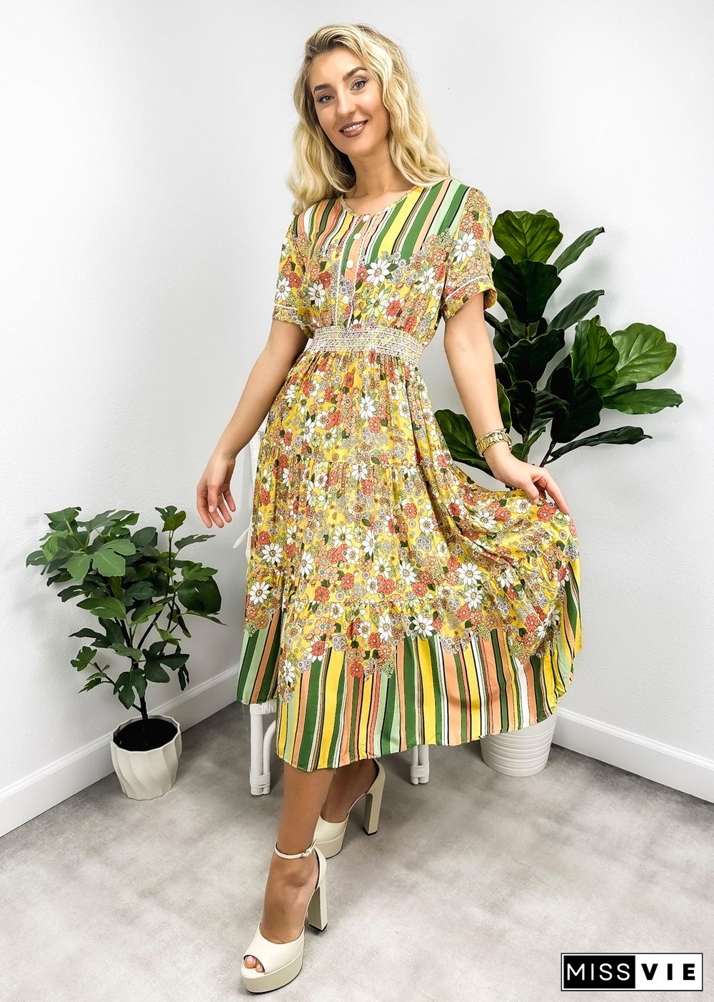 Multicolor Floral Retro Print Dress