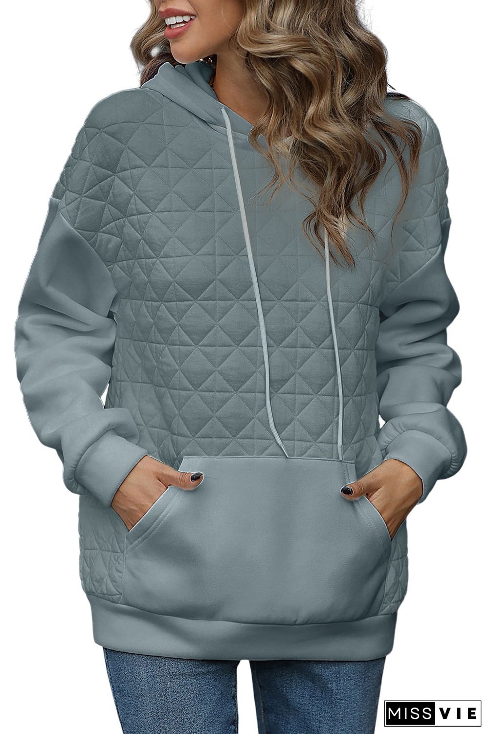 Drop Shoulder Quilted Patchwork Kangaroo Pocket Hoodie