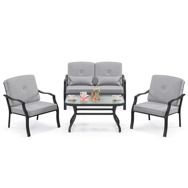 Costway 4 Pcs Patio Furniture Set Outdoor Conversation Sofa Tempered Glass Coffee Table