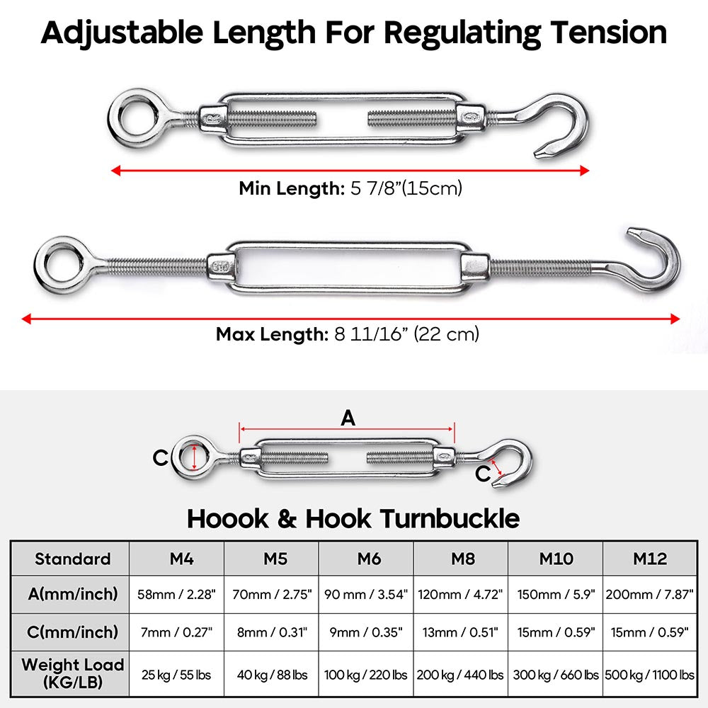 Yescom 6pcs 316 Stainless Steel M6 Hook & Eye Turnbuckle