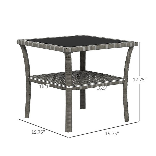 Rattan Side Table，Outdoor End Table with Storage Shelf，Aluminum Frame Square，Coffee Table with Tempered Glass Top