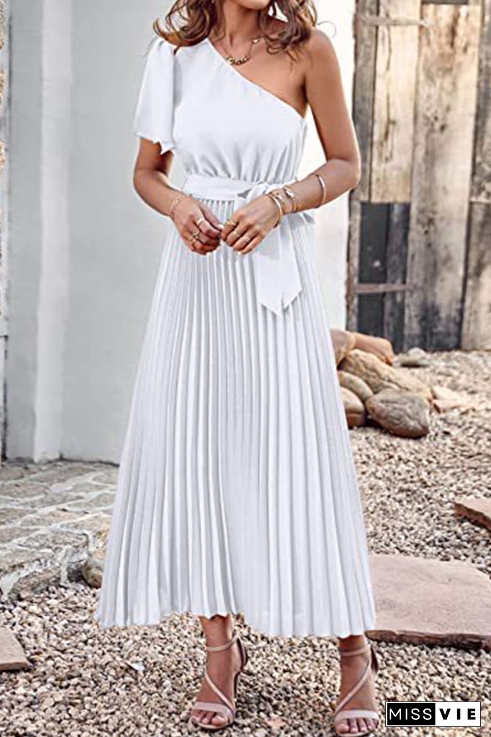 One SHoulder Short Sleeve Smock Maxi Dress