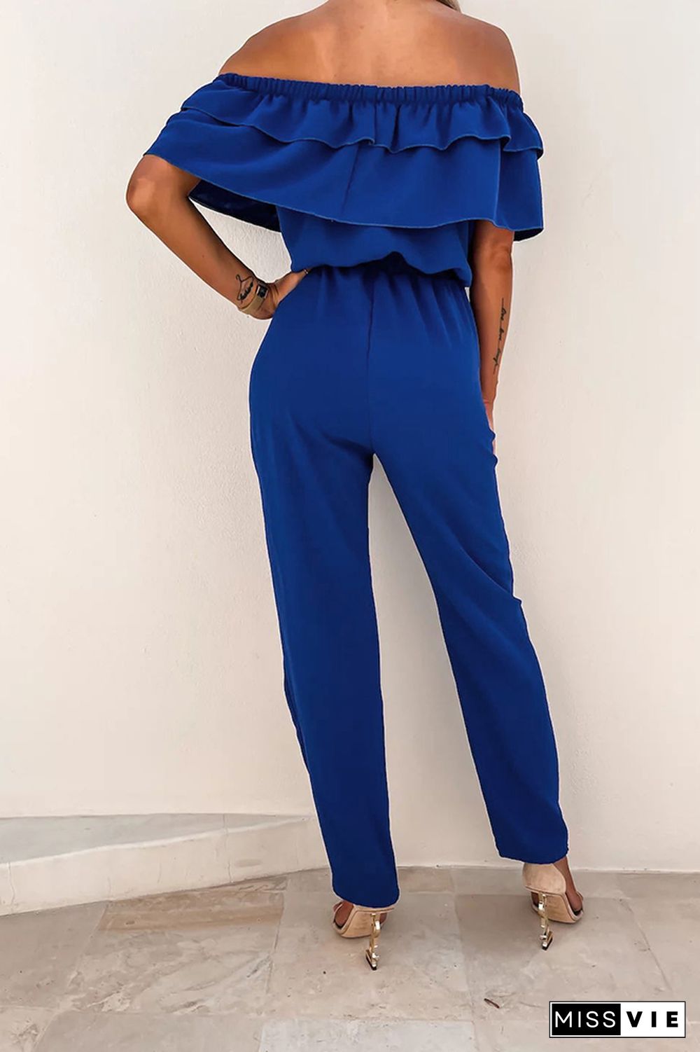 Plain Off Shoulder Ruffle Drawstring Jumpsuits