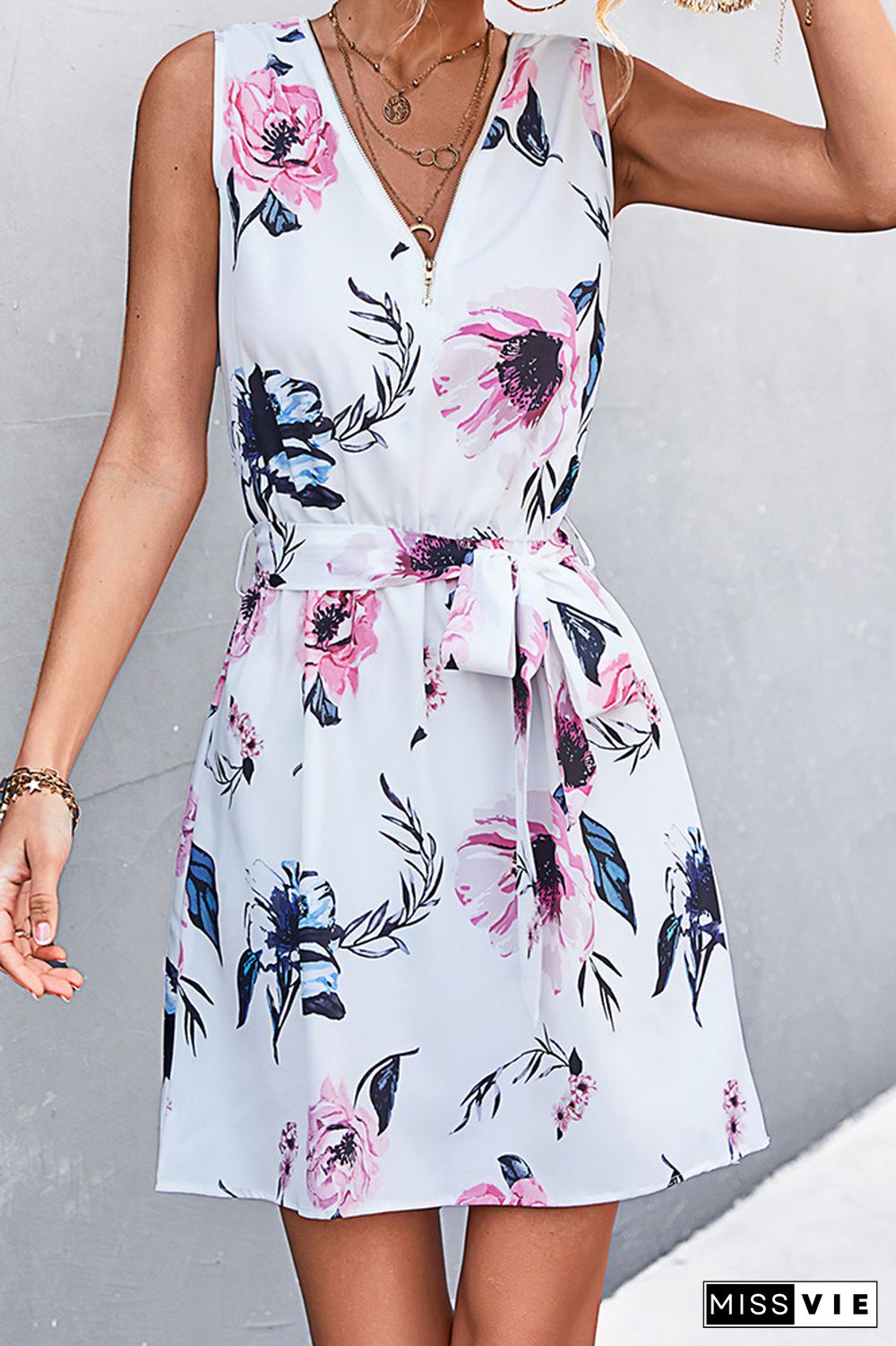 Sleeveless Zip Neck Floral Print Dress Wholesale