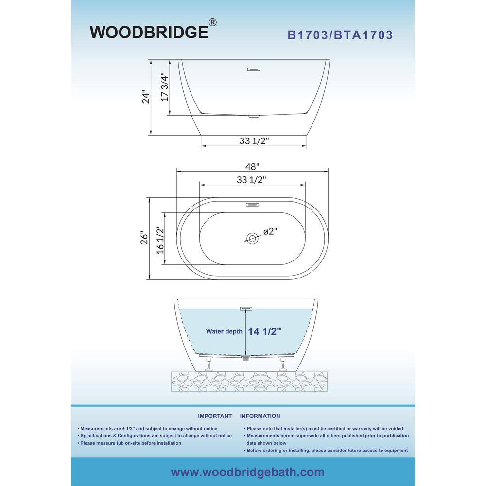 WOODBRIDGE Arras 48 in. Acrylic Flatbottom Bathtub in White with Matte Black Drain and Overflow HBT5845