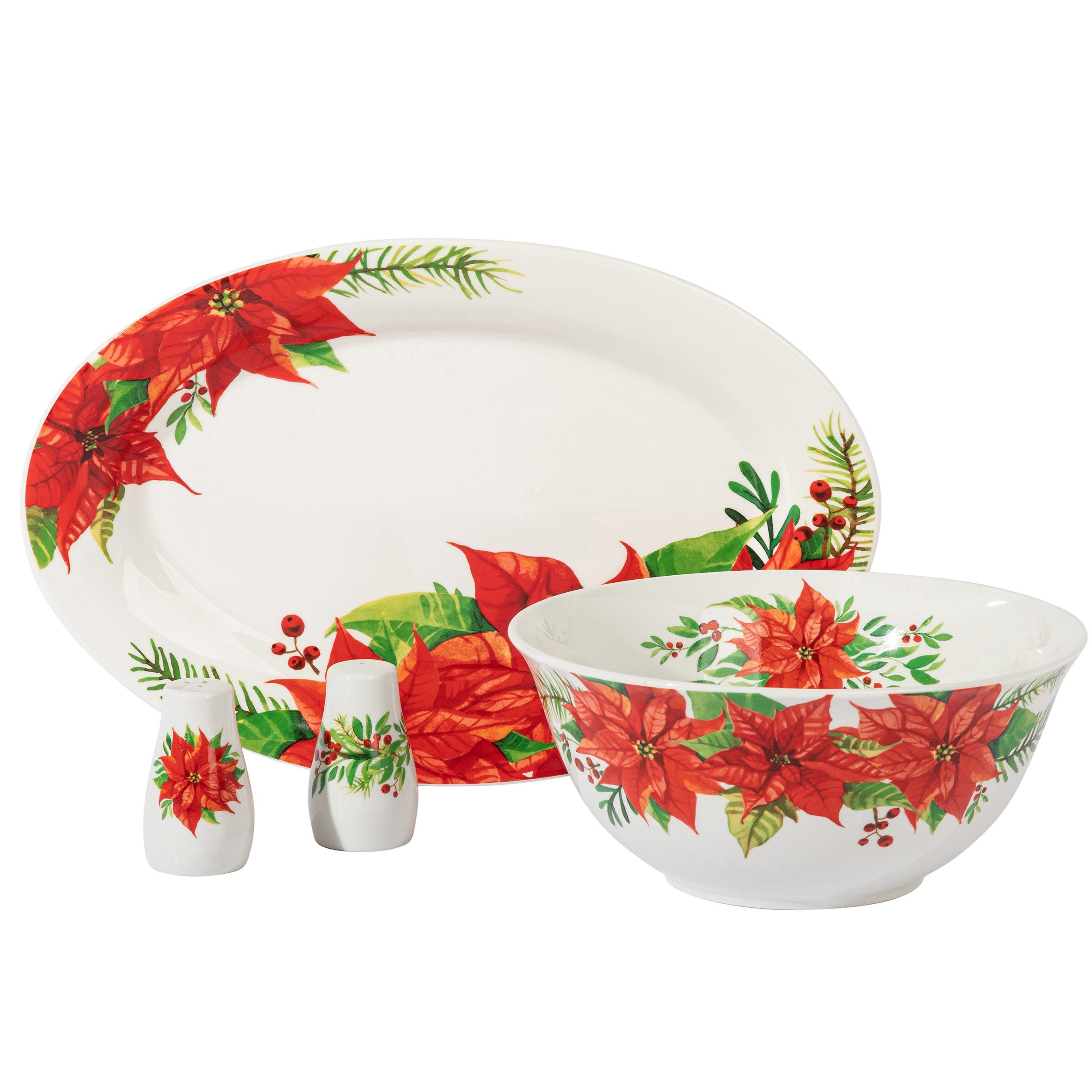 4 Piece Ceramic Serving Set in White With Poinsettia Decorations