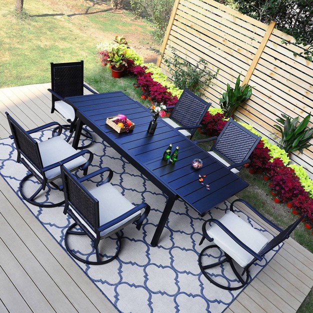 7pc Patio Dining Set With 360 Swivel Chairs With Cushions And Rectangle Concertina Steel Table Captiva Designs