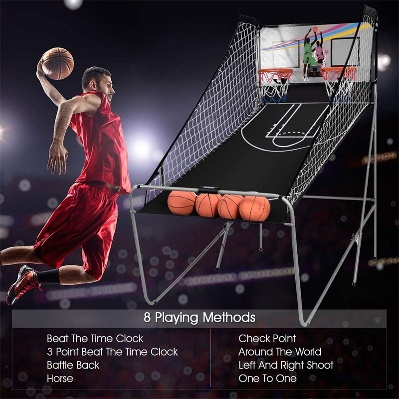 Foldable Indoor Basketball Arcade Game with 4 Balls Electronic Double Shot LED Scoring System for Kids Adults