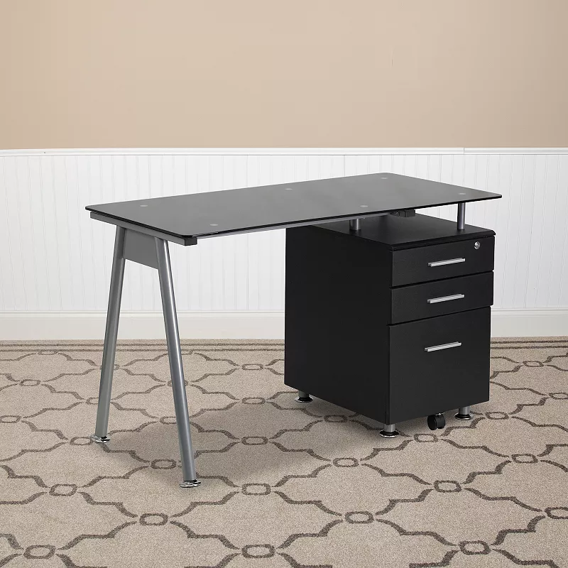 Emma and Oliver Computer Desk with Tempered Glass Top and Three Drawer Pedestal