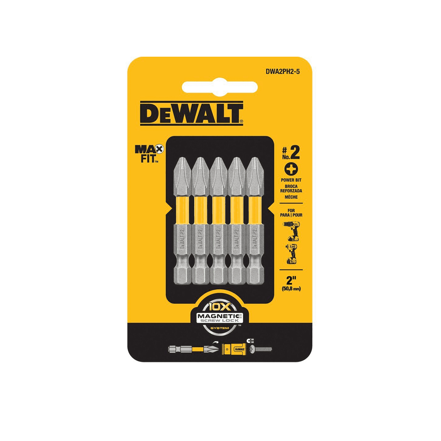 DW Max Fit Phillips #2 X 2 in. L Power Bit S2 Tool Steel 5 pc