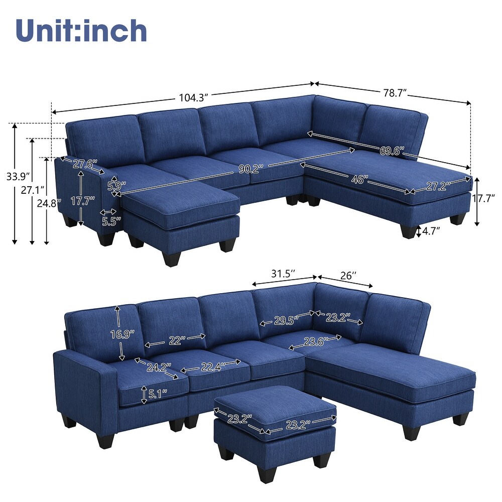 7 Seat Sectional Sofa Linen Fabric Couch Set with Ottoman