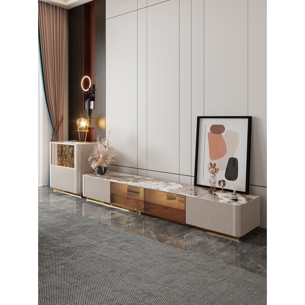 JASIWAY Light luxury Style TV Stand and Side Cabinet  Cream White