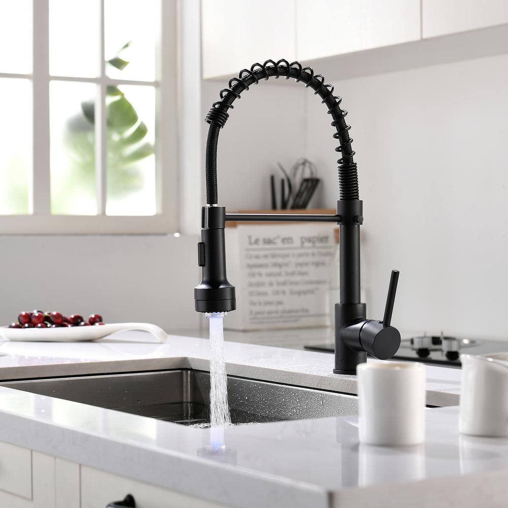 Boyel Living Stainless Steel Faucet Black Single-Handle Faucet Pull-Down Sprayer Kitchen Faucet BM289B-LED-45