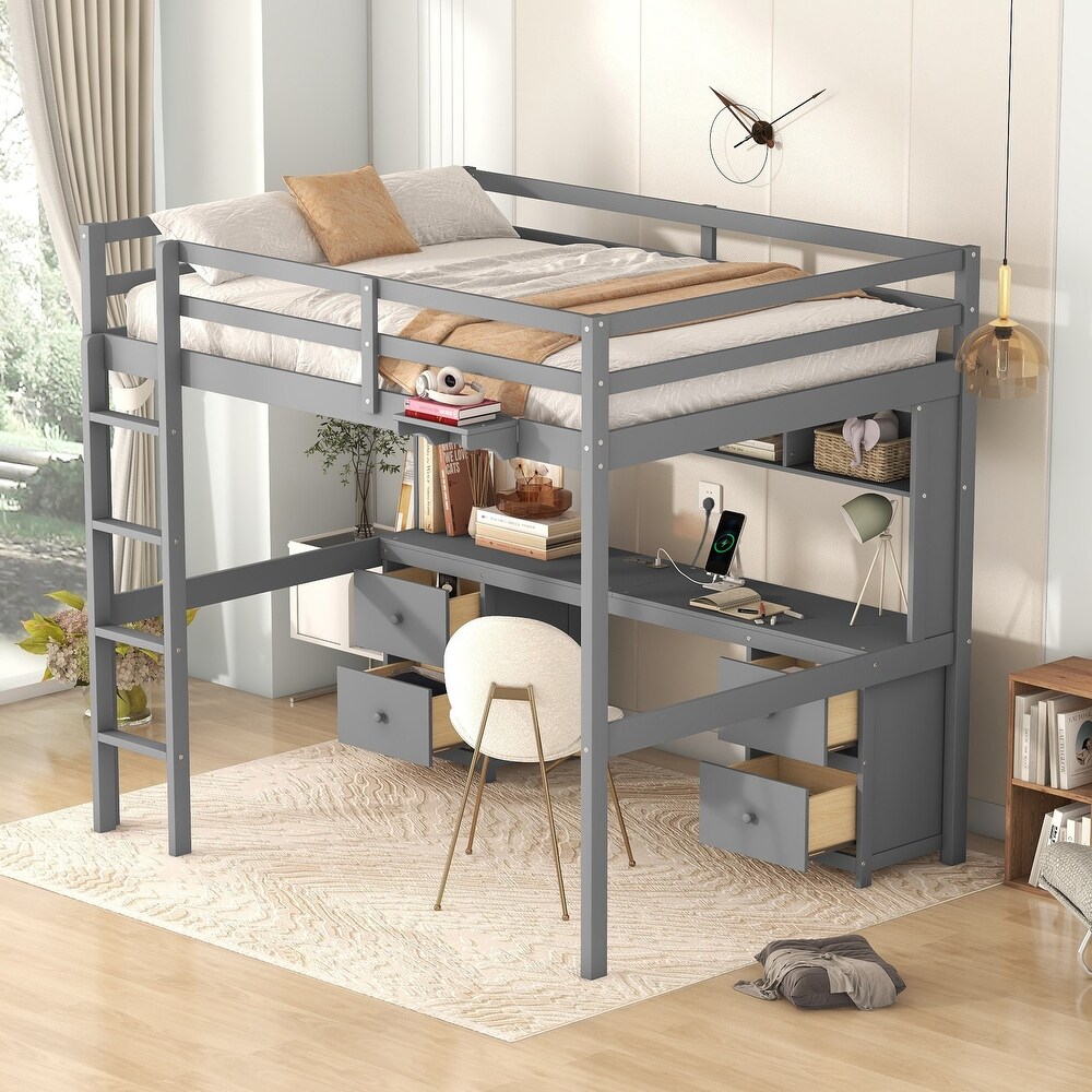 Full Size Loft Bed with Desk  Storage Cabinets  Drawers   Bedside Tray  Versatile Wood Bedframe with Plug Outlets   2 USB Port