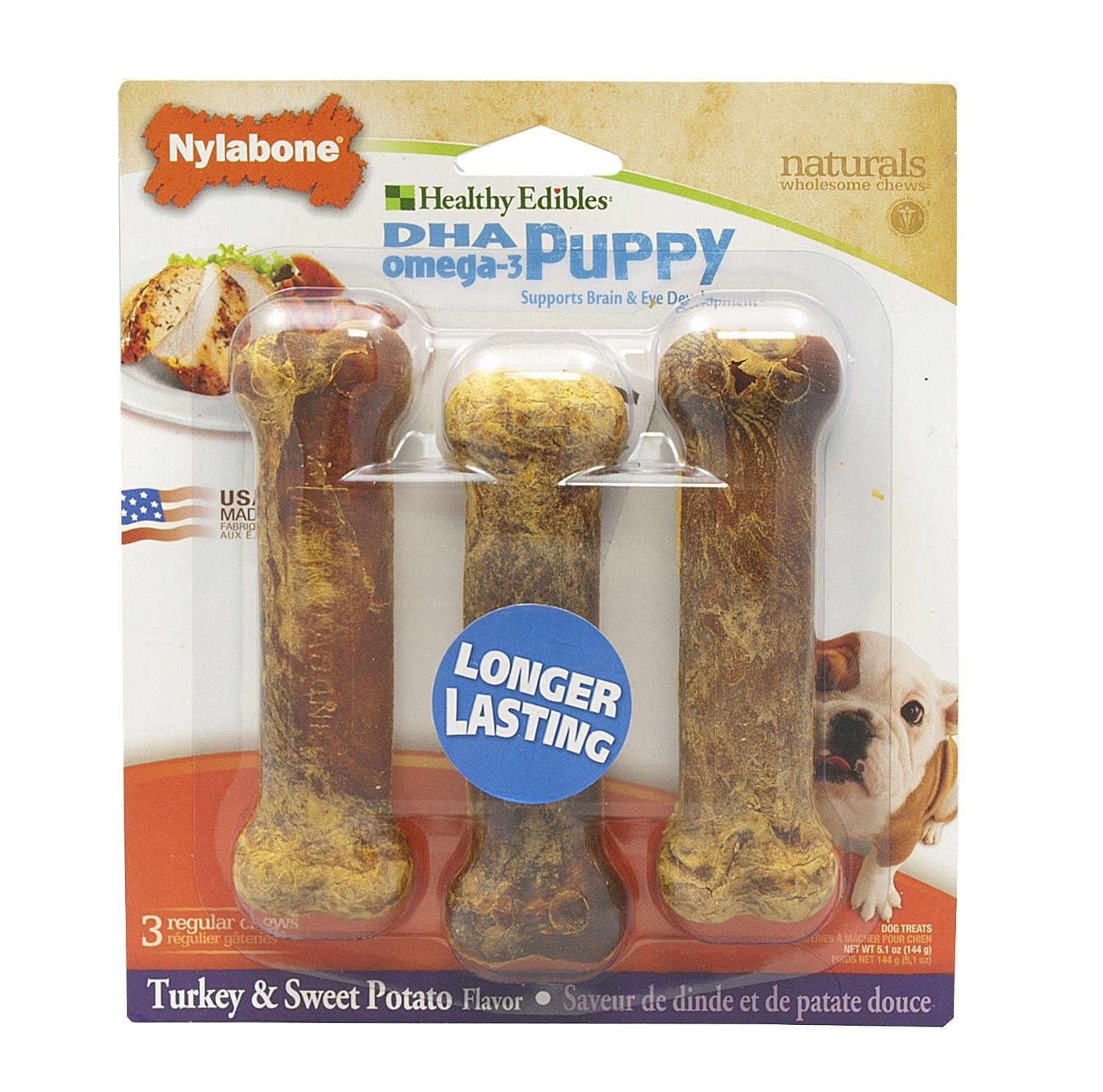 Nylabone Healthy Edibles DHA Bones Turkey and Sweet Potato Puppy Dog Treats， 3 Ct