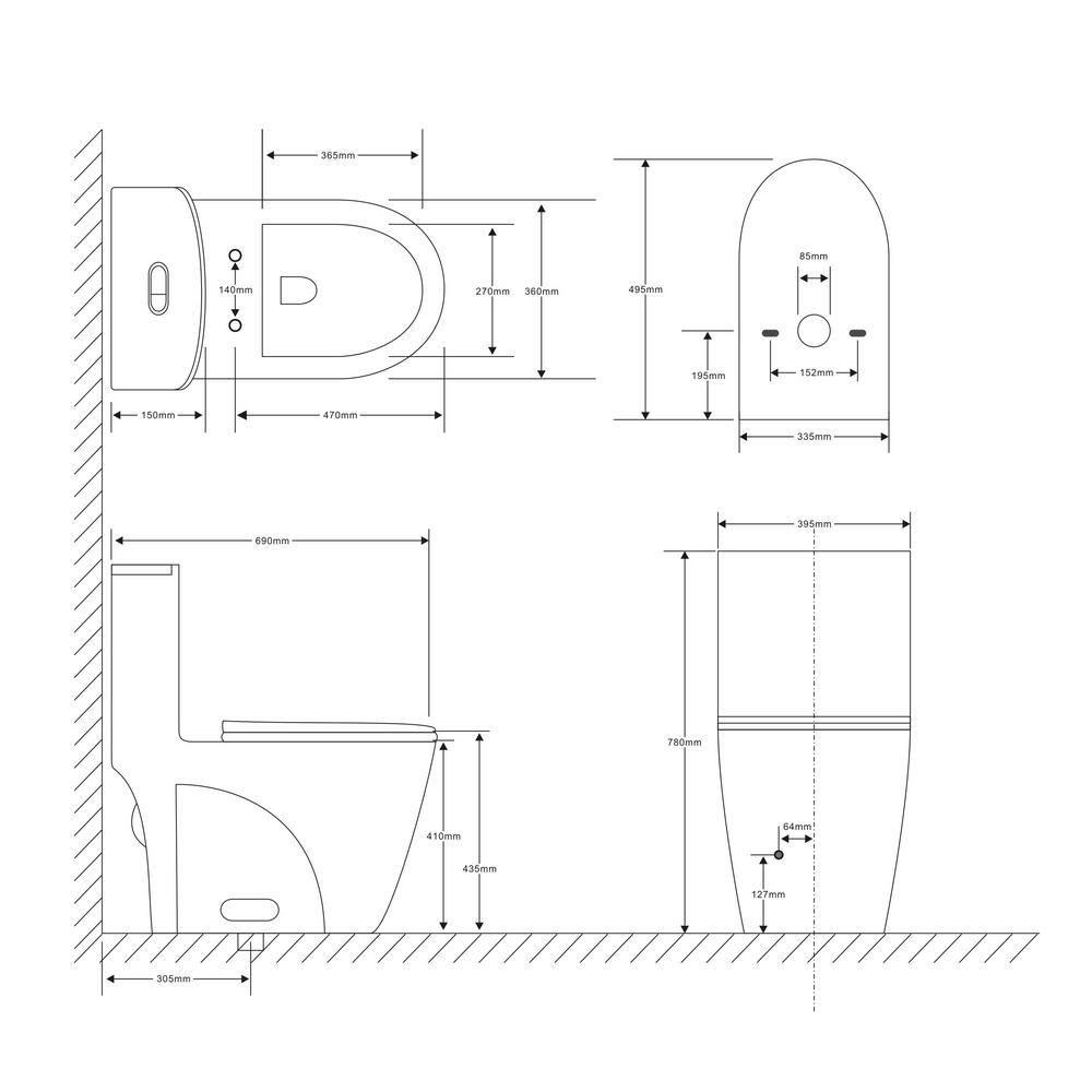 FUNKOL One-Piece 1.11.6 GPF Automatic Dual Flush Elongated Shape Ceramic Toilet in Black LML-T-B01