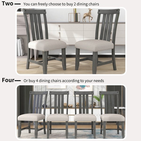 2 sets of fabric upholstered dining chairs with silver nails and solid wood legs， seat height -19.5