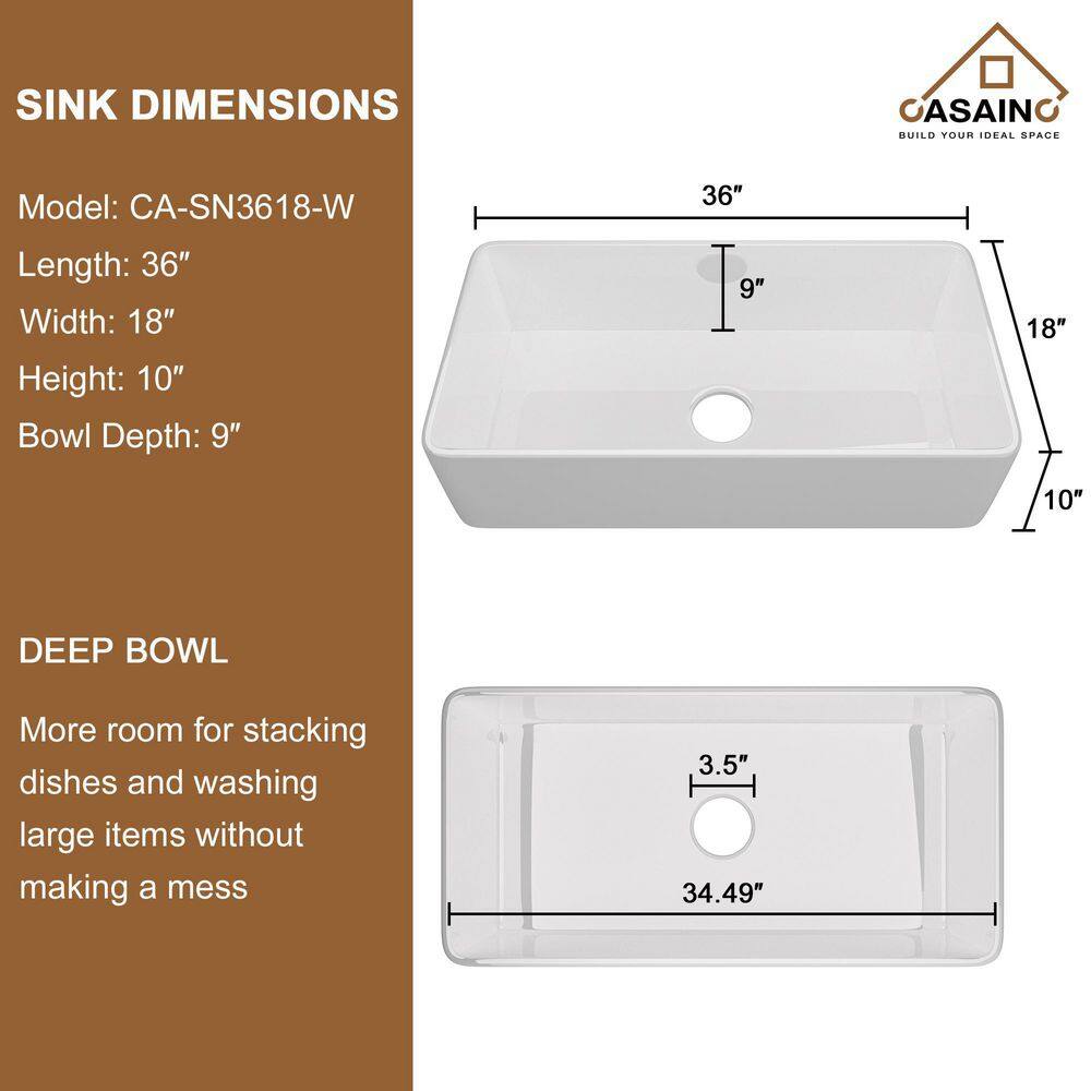 CASAINC Glossy White Fireclay 36 in. Single Bowl Farmhouse Apron Kitchen Sink with Bottom Grid and Strainers With CUPC Certified CA-SN3618-W