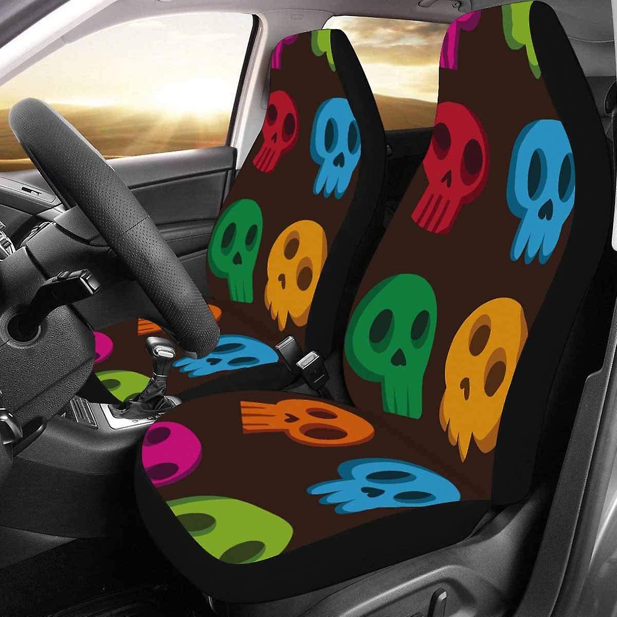 Set Of 2 Car Seat Covers Cartoon Colorful Skull Universal Auto Front Seats Protector Fits For Car，suv Sedan，truck