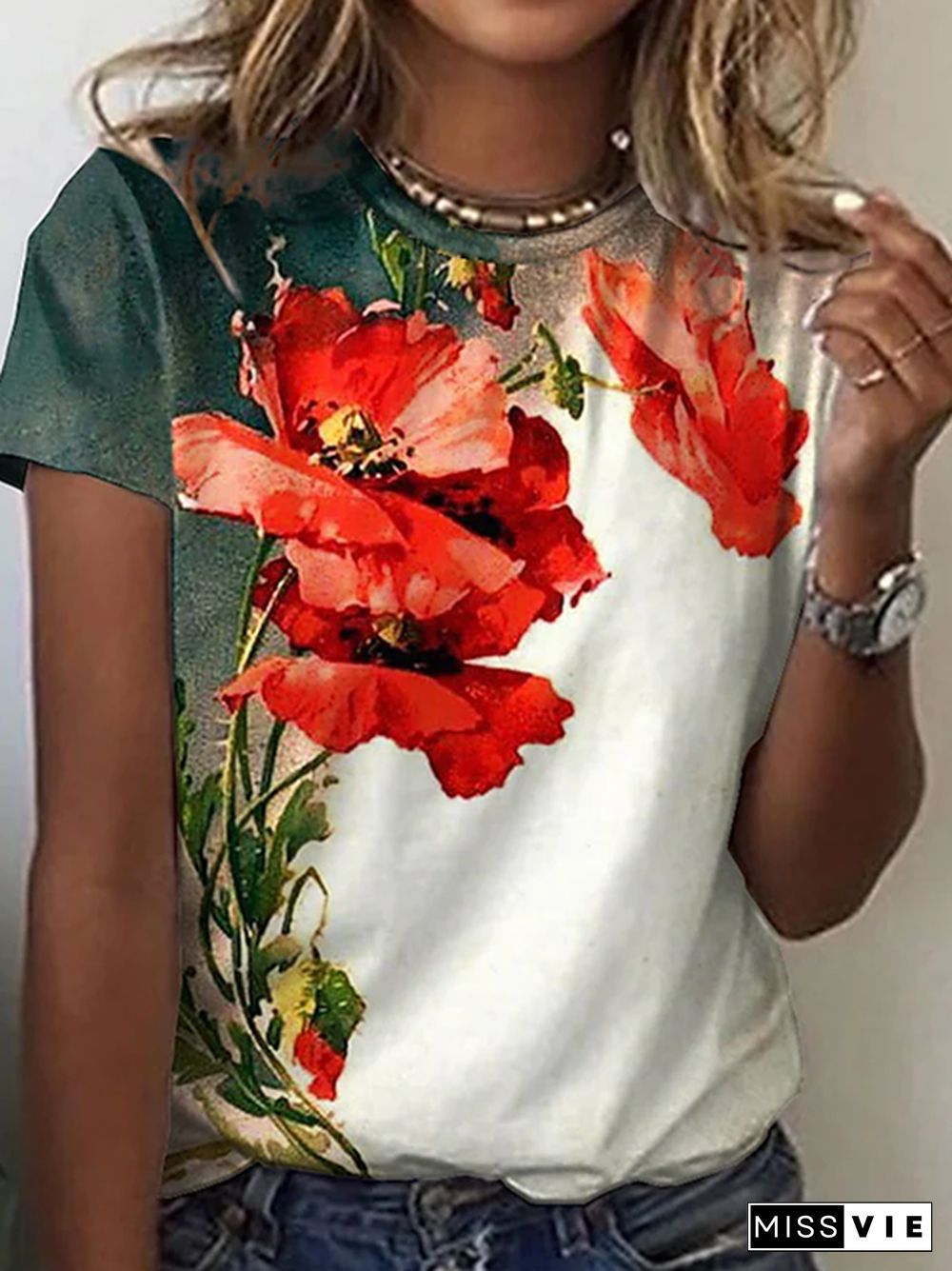 Floral Crew Neck Casual Short Sleeve T-Shirt