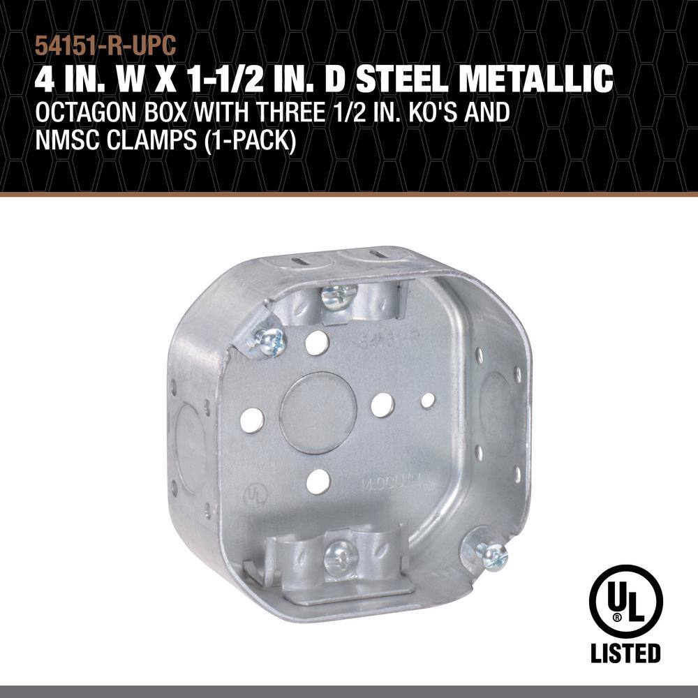 Southwire 4 in. W x 1-12 in. D Steel Metallic Octagon Box with Three 12 in. KO's and NMSC Clamps 1-Pack 54151-R-UPC