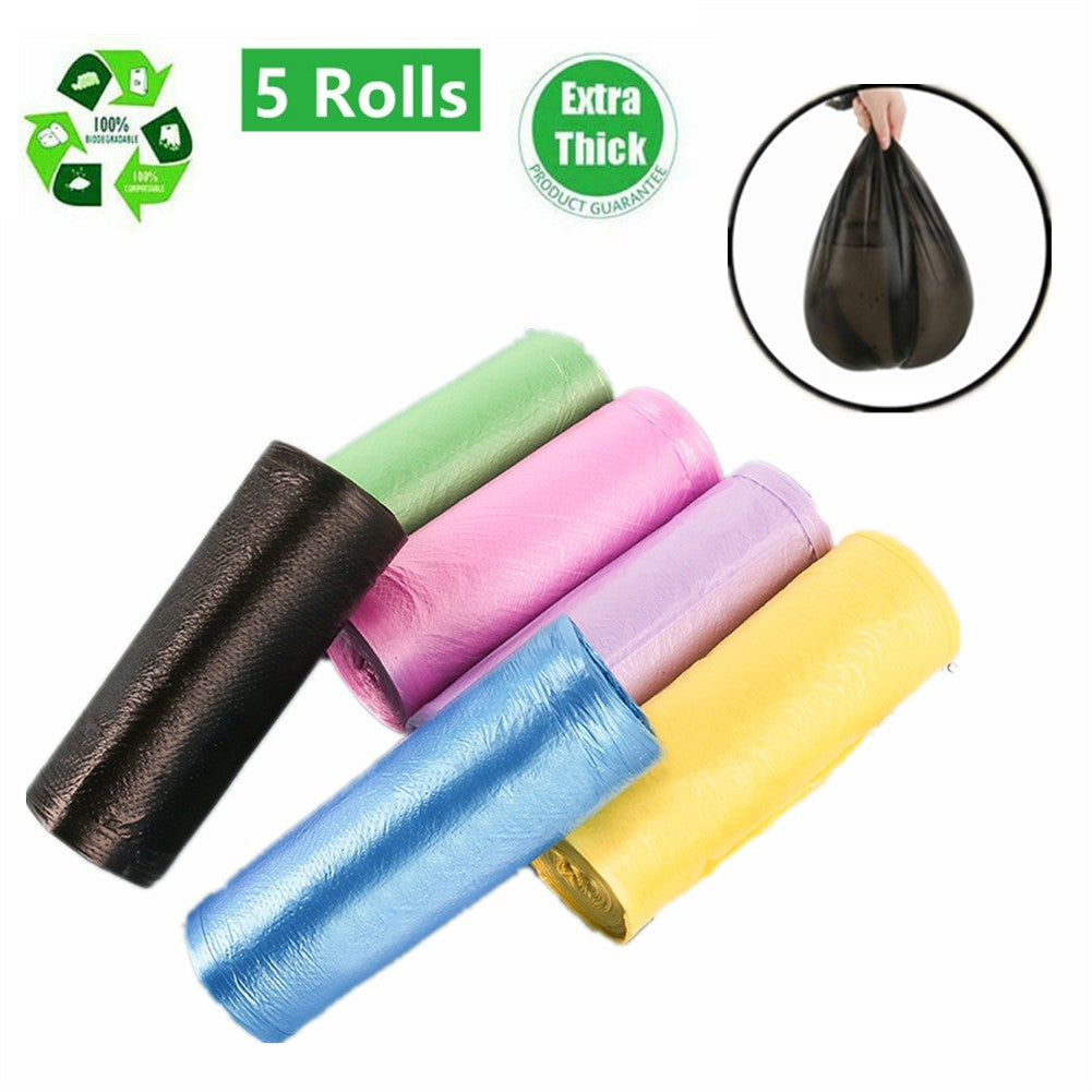 Sufanic 5 Rolls 75Pcs Trash Bags Biodegradable,Recycling & Degradable Garbage Bags for Kitchen Bathroom Office Camping,Black