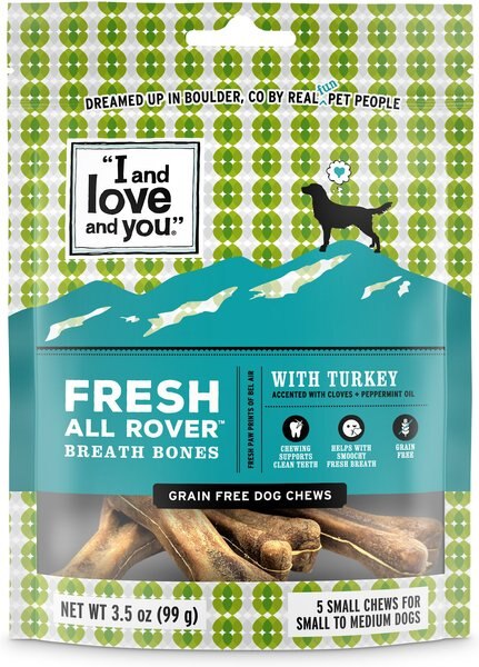 I and Love and You Fresh All Rover Breath Bones Grain-Free Small Dental Dog Treats， 5 count