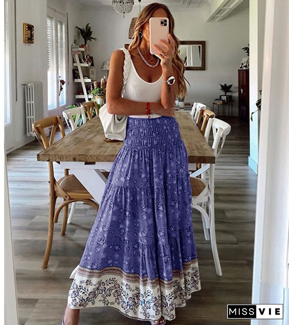 Plus Size Skirt Boho Style Floral Printed High Waist Skirt Holiday Beach Long Skirt Jupes