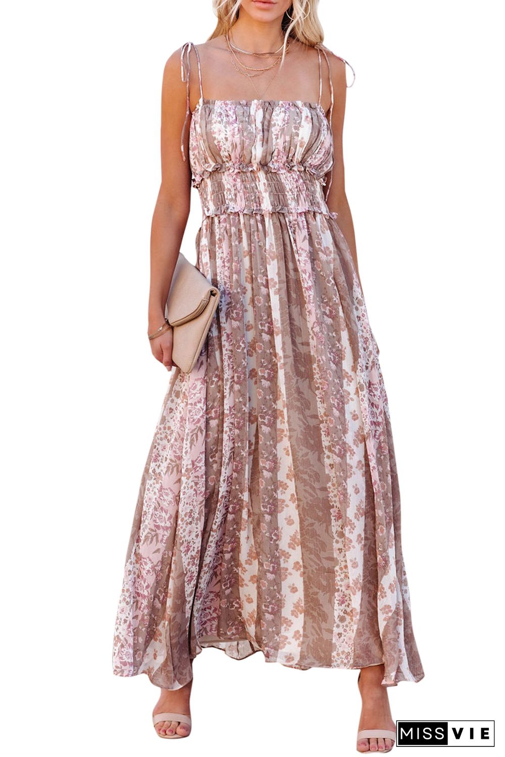 Multicolor Floral Print Frill Trim Smocked Spaghetti Strap Maxi Dress