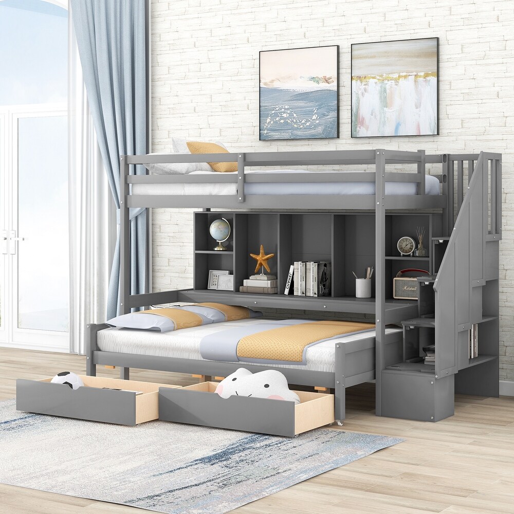 Gray Twin XL over Full Bunk Bed with Built in Storage Shelves  Drawers and Staircase  97.2''L*118.3''W*66.1''H  286.5LBS