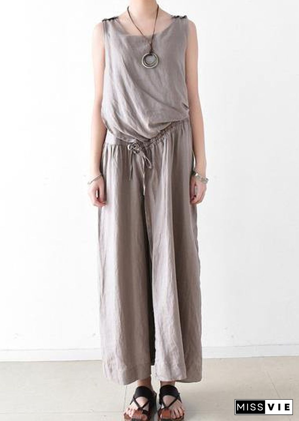 Spring Women Cotton Hemp Loose Wide Leg Jumpsuit Casual Pants