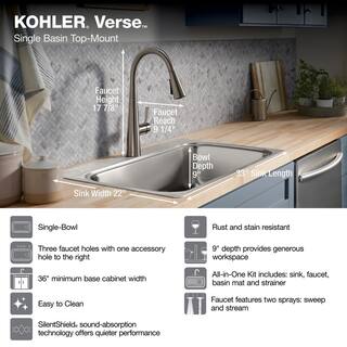 KOHLER Verse Stainless Steel 33 in. Single Bowl Drop-In Kitchen Sink with Faucet K-RH20060-1PC-NA