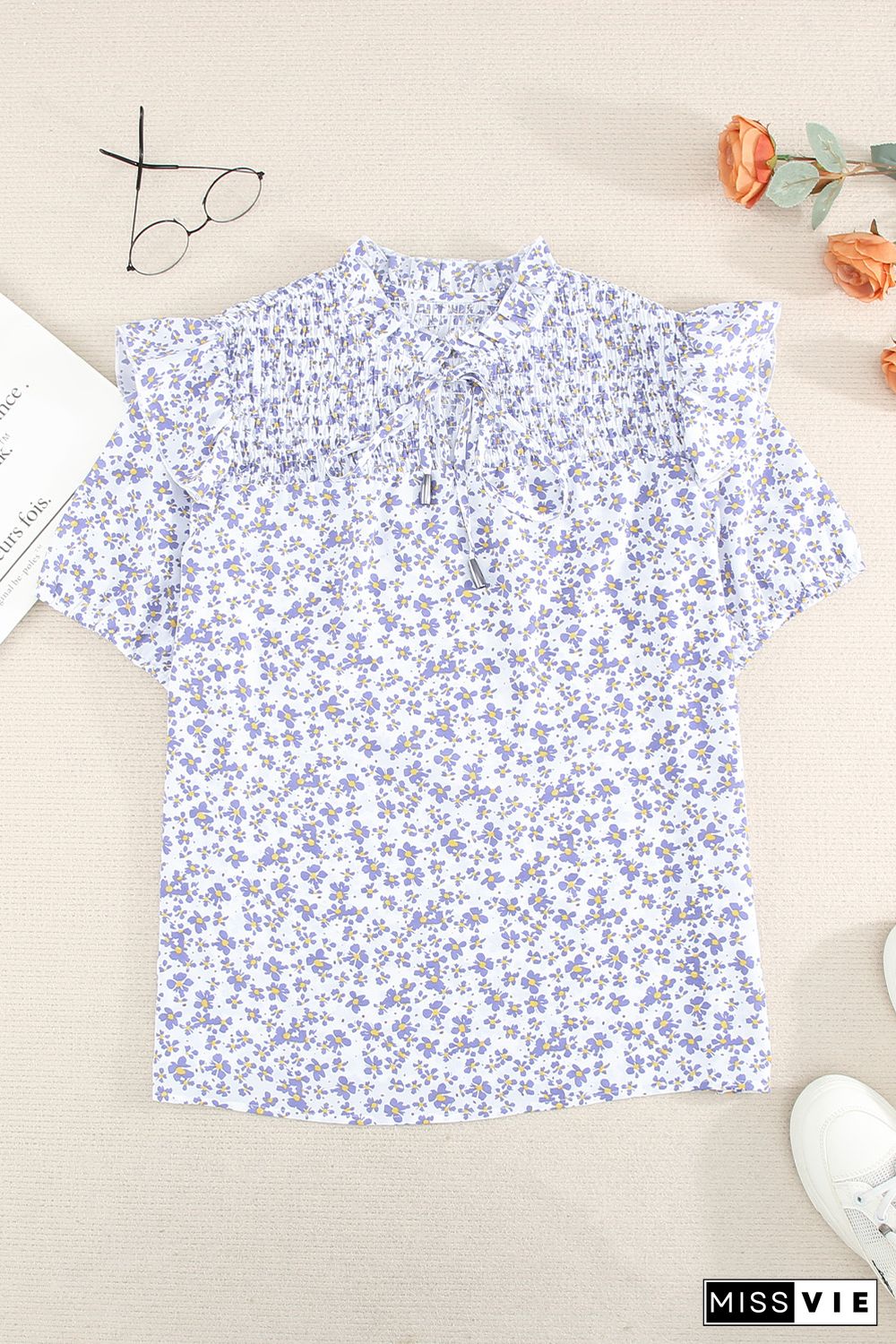 Purple Floral Print Smocked Ruffled V Neck T-shirt