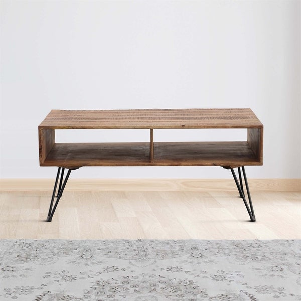 42 Inch Handcrafted Mango Wood Coffee Table with Metal Hairpin Legs