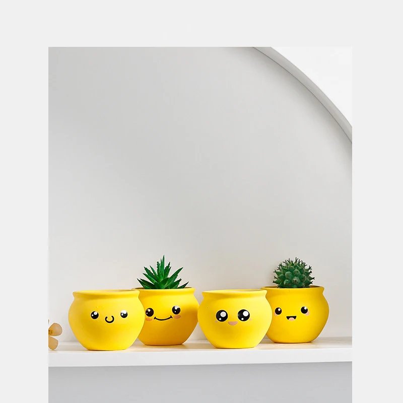 Custom yellow cute expression ceramic indoor succulent planter