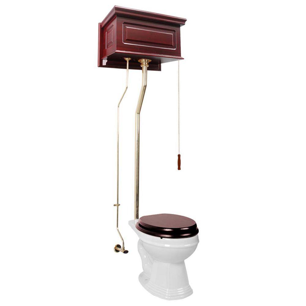 RENOVATORS SUPPLY MANUFACTURING Manchester High Tank Toilet 1.6 GPF 2-Piece Single Flush Round Bowl in White with Cherry Raised Tank and Brass Pipes 16020