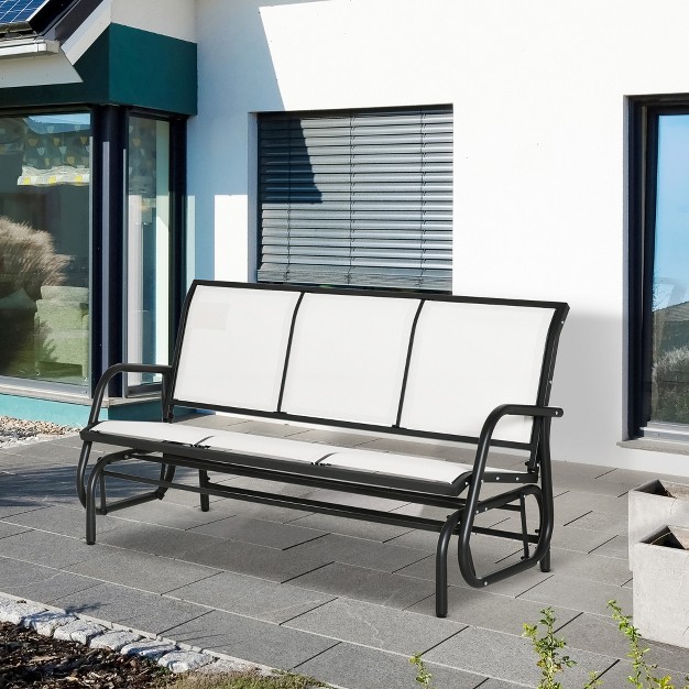 Outsunny Patio Glider Bench Outdoor Porch Glider Swing With 3 Seats Breathable Mesh Fabric Metal Frame Cream White