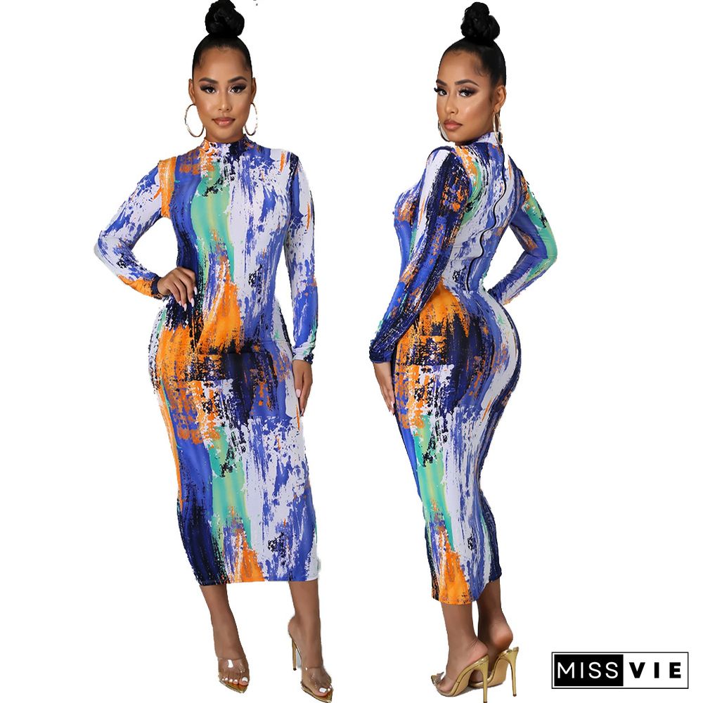 Tie Dye Printing Fashion Long Sleeve Round Neck Back Zipper Partywear Summer Bodycon Maxi Long Dress