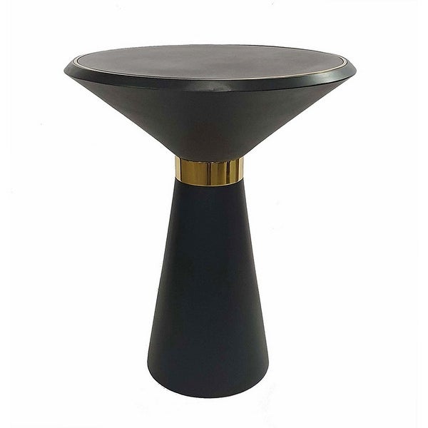 22 Inch Round Mango Wood Side Table， Smooth Brass Accents， Black Finish