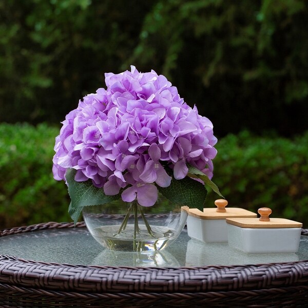 Hydrangea Artificial Flowers in Round Glass Vase with Faux Water，Silk Flower Arrangements in Vase for Home Decor，Wedding Table