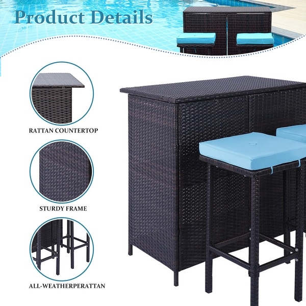 3 Piece Patio Bar Set，Outdoor Bar Table and Chairs Set for 2，Tiki Wicker Bar Table Set with Stools and Removable Cushions