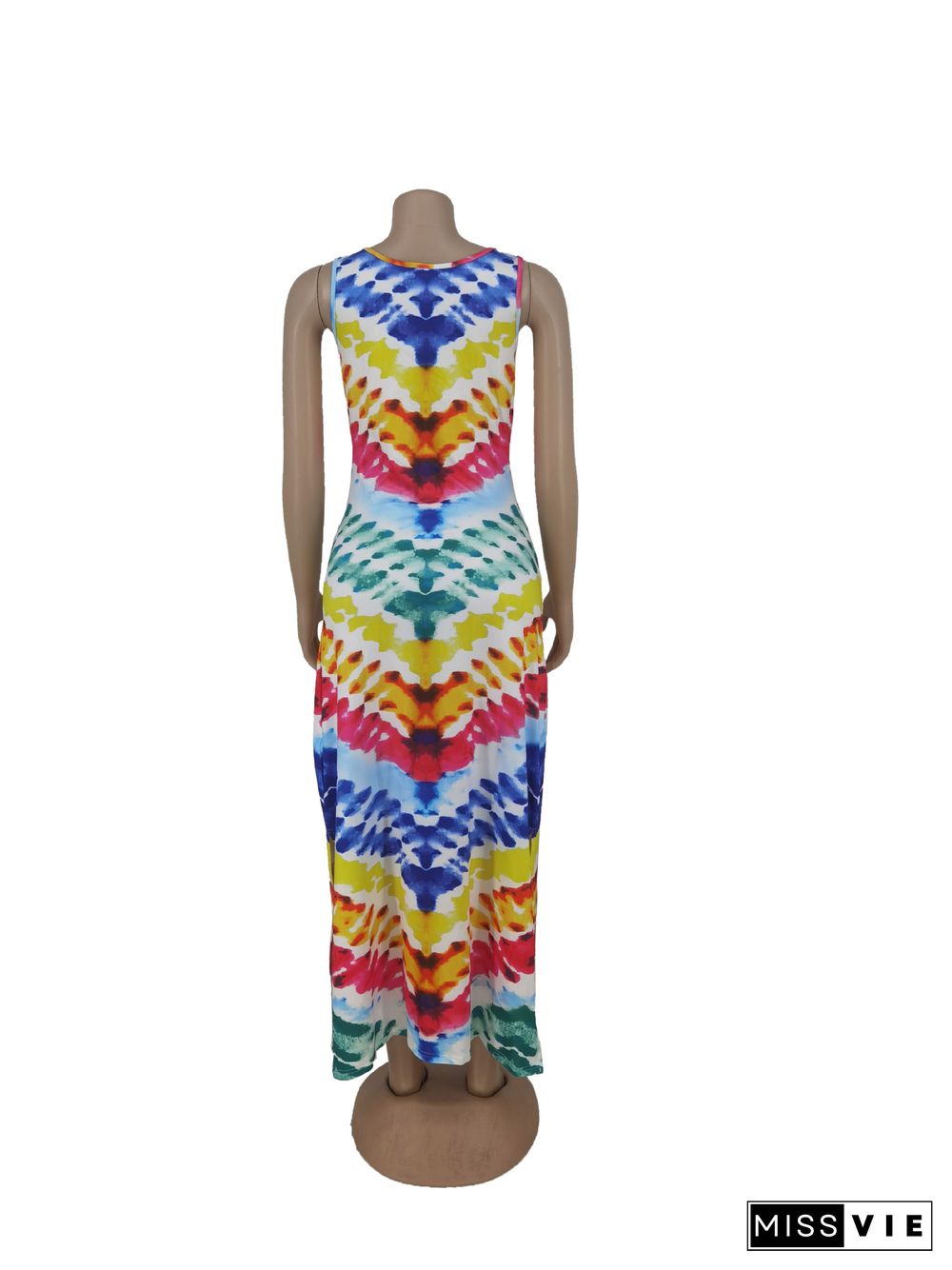 Casual Women Summer Tie-dye Print Sleeveless O Neck Side Slit A Line Beach Party Maxi Dress