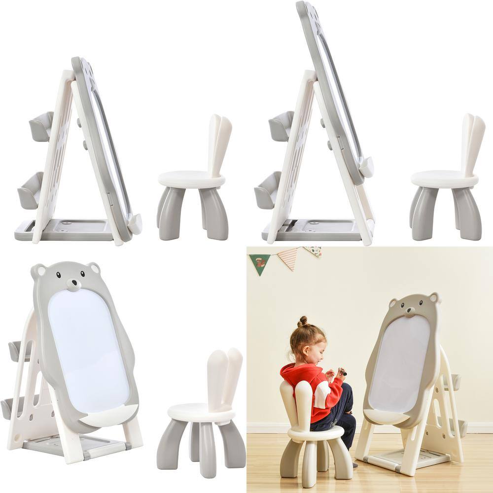 TIRAMISUBEST Gray Indoor Foldable Kids Art Easel with Shelf Stool and Adjustable Whiteboard PPXY297710AAE